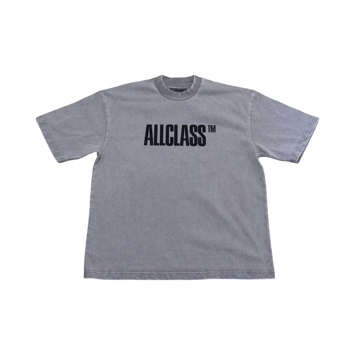 ALLCLASS Powder Logo Tee, washed grey heavyweight boxy tee with black ALLCLASS print, front
