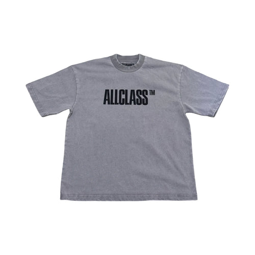 ALLCLASS Powder Logo Tee, washed grey heavyweight boxy tee with black ALLCLASS print, front